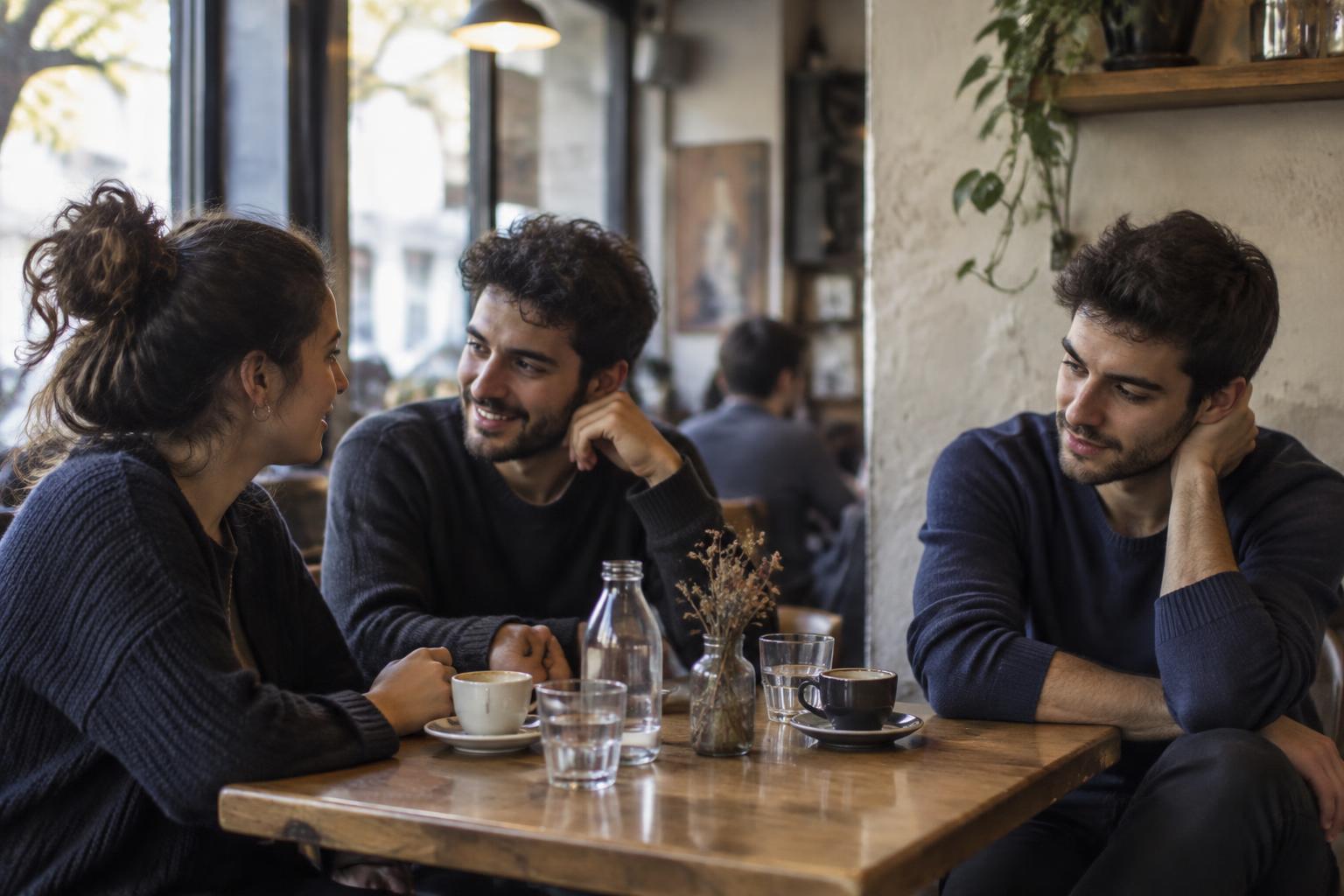 צעיר מהסס לרגע בזמן שיחה רגועה בבית קפה מקומי