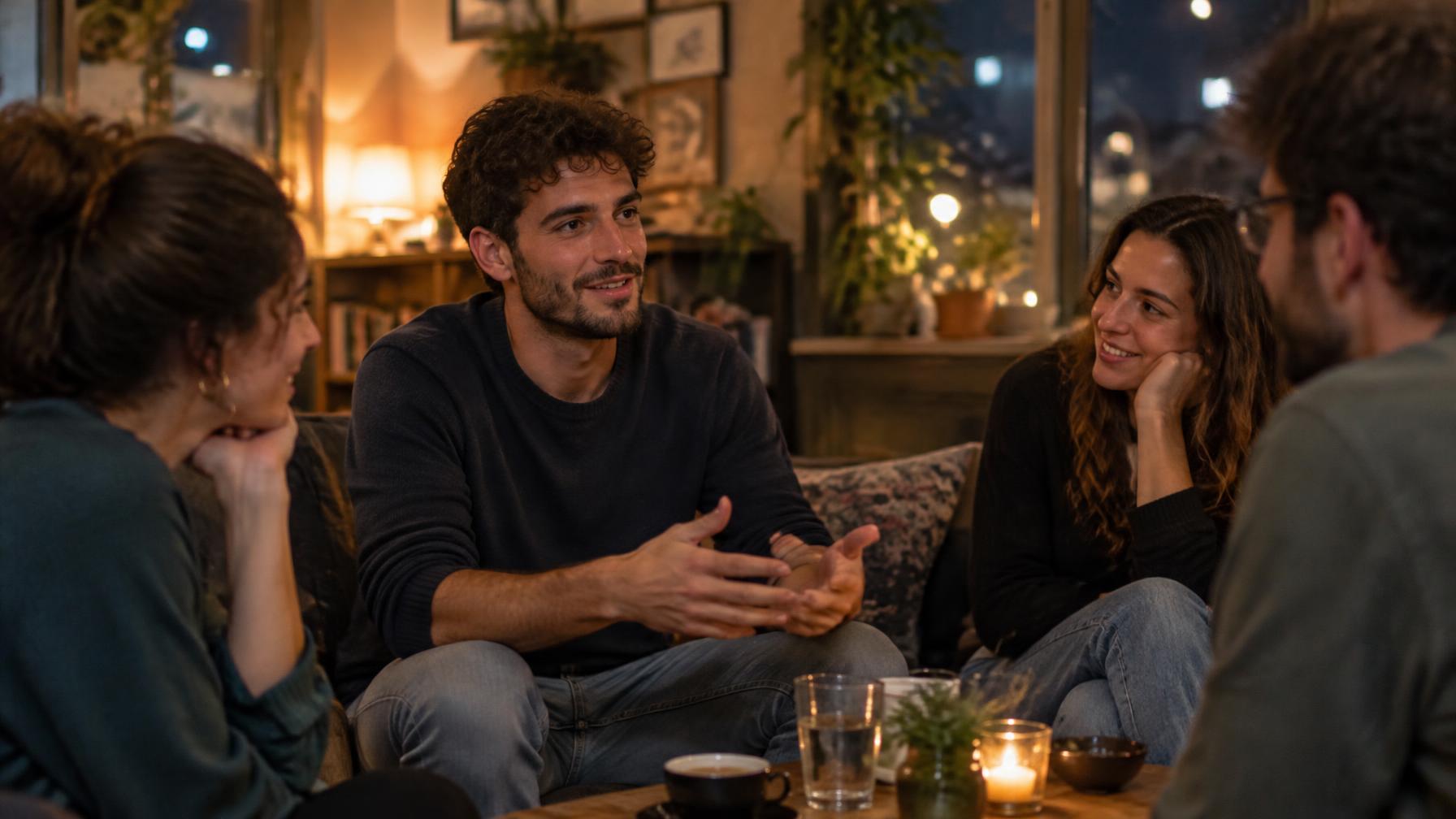 צעיר משתף בשיחה במפגש קטן, כשאנשים סביבו מקשיבים לו בעניין